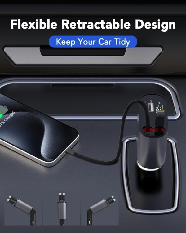 PROODOS Retractable Car Charger Car Accessories | 4 in 1 Car Charger Fast Charging | Compatible with iPhone & Type C | 120W Super Fast Charging... - Image 3