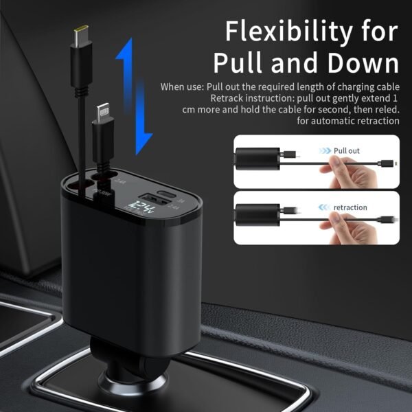 PROODOS Retractable Car Charger Car Accessories | 4 in 1 Car Charger Fast Charging | Compatible with iPhone & Type C | 120W Super Fast Charging... - Image 2